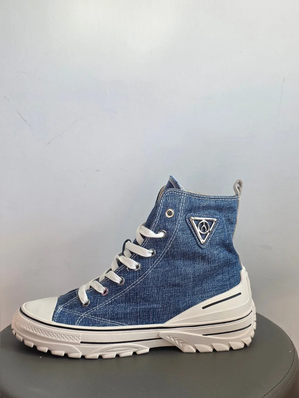 Wishbone Denim Platform High Top Sneakers Chunky Lug Sole Blue Jean Lace Up 10 - Picture 1 of 11